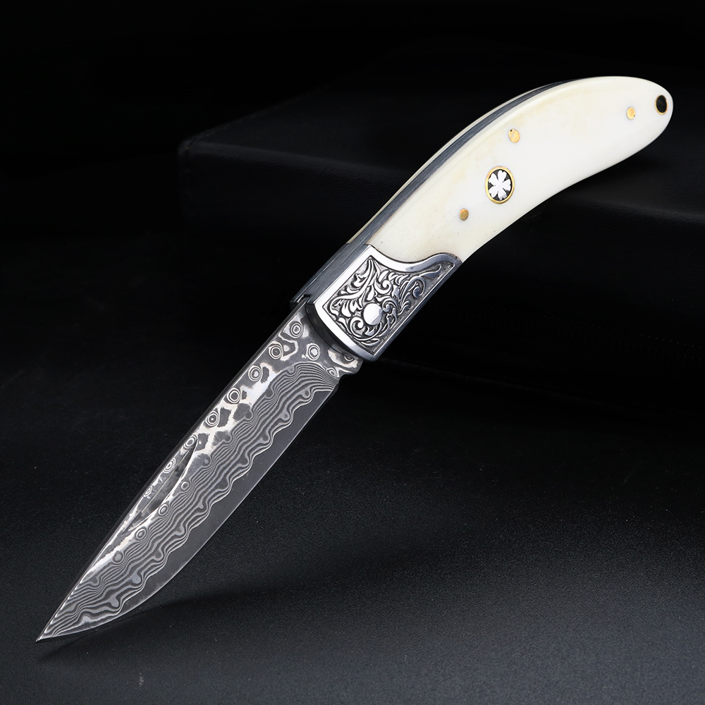 Bone Folder Tool - Pisau Lipat Baja Damaskus dengan Gagang